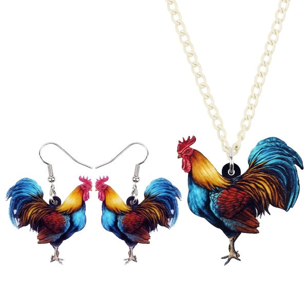 Acrylic Floral Chicken Rooster Hen Earrings Necklace Novelty Farm Animal Jewelry Sets For Women Girls Charms Gifts