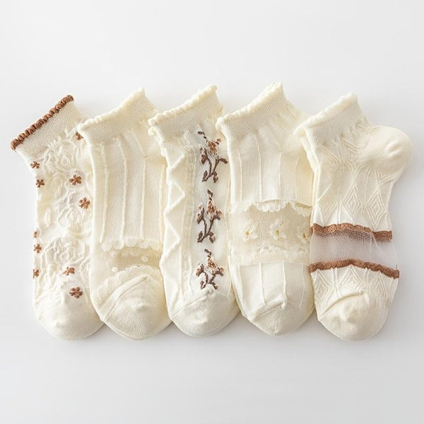 5 Pairs-Set Retro Cottage Style Bow Tie Modal Textured Floral Socks Ruffle Trim Cute Socks for Dresses Women's Stockings