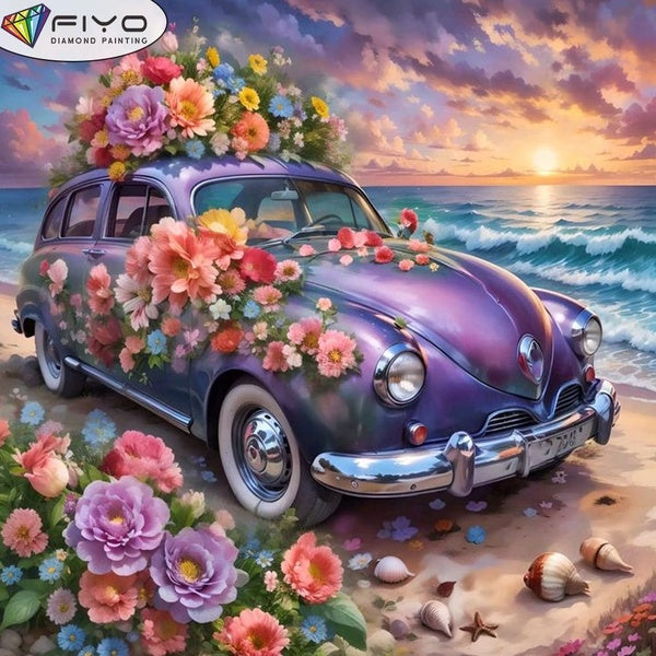 FIYO DIY 5D Flower Car Diamond Painting Full Drill with Number Kits Home and Kitchen Fashion Mosaic Diamond Painting Canvas Wall Decoration Gift Craf