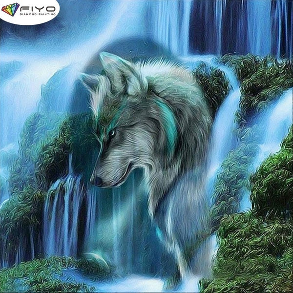 FIYO Waterfall and Wolf DIY 5D Diamond Painting Full Drill with Number Kits Home and Kitchen Fashion Mosaic Diamond Painting Canvas Wall Decoration G