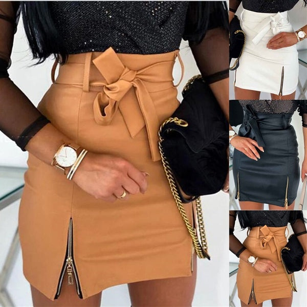 Europe High Waist PU Leather Skirts Zipper Decoration Package Hip Short Skirts