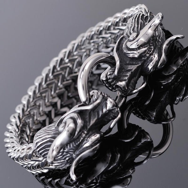Polished Stainless Steel Double Dragon Heads Bracelet For Men 20MM Wide Chain Jewelry Accessories Mens Bangle Wristband Matron Inn