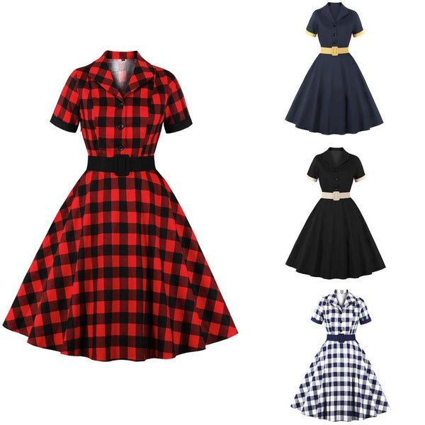 New Womens Ladies Short Sleeve Vintage Plaid Patchwork Button Up Party Midi A-Line Swing Dress Clubwear