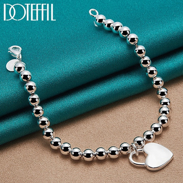 DOTEFFIL 925 Sterling Silver Heart Lock 6mm Perles Chaîne Bracelets Bijoux Pour Femmes Top Qualité Amoureux Bracelets Cadeau De Noël