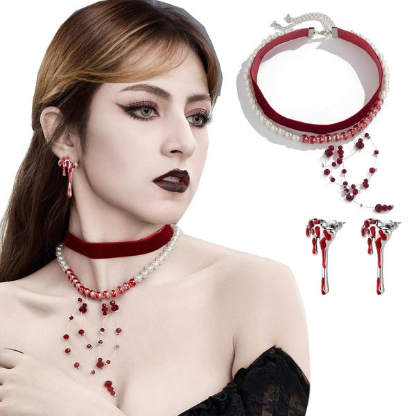 Vampire Costume for Women Dripping Blood Pearl Choker Necklace Costume Goth Choker for Women Vampire Bride Jewelry Goth Choker Fake Pearl Choker