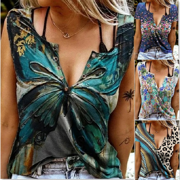 Plus Size Summer Women's Fashion V-neck Print Sleeveless Tunic Tops Vest Tank Tops