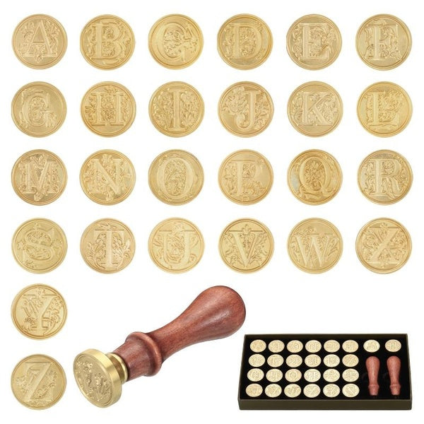 Alphabet Wax Seal Stamp Kit, 26 Letters A-Z Sealing Wax Stamp with 2pcs Wooden Handles, Gift Box Letter Initial Brass Head Vintage