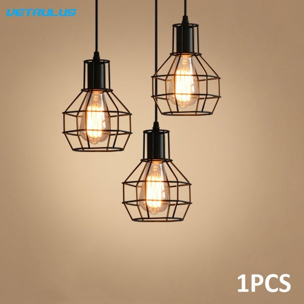 Lustre en métal Plafonnier réglable Cage en métal noir Luminaires suspendus pour îlot de cuisine Salle à manger Loft, culot E27 (ampoule non incluse)