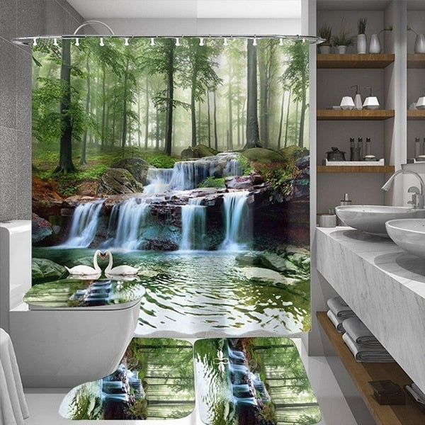 Bathroom Decor 1-3-4 Pcs Swans Flowers Cascade Waterproof Shower Curtain Anti-slip Bath Mat Carpets Pedestal Rugs Toilet Seat Cover Bathroom Set