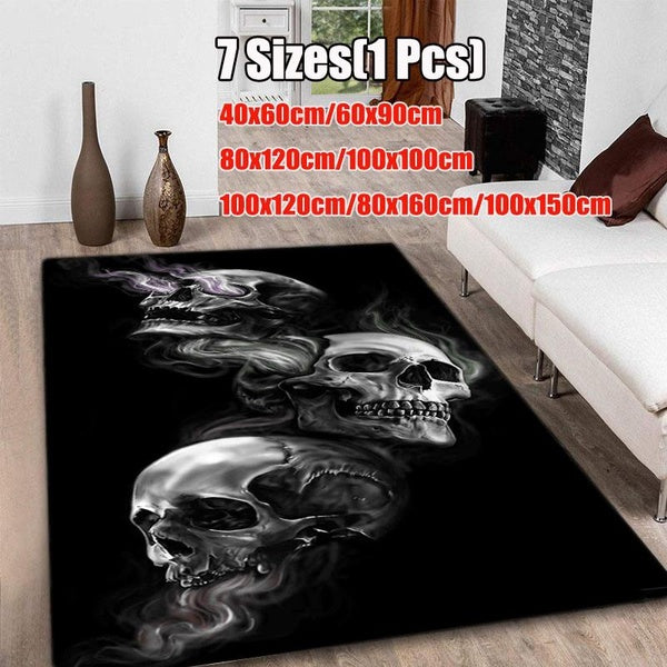 3D Skull Patterned Area Mat Rectangular Skull Carpet Black Modern Non-slip Area Rug Bedroom Living Room Decorative Floor Mat Matte 7 Sizes Available