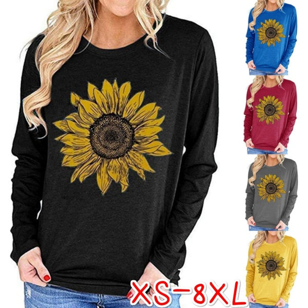 XS-8XL Women's Fashion Autumn and Winter Clothes Casual Round-neck Long Sleeve Tops Ladies Loose Tunic T-shirts Cotton Sunflower Printed Blouses Plus