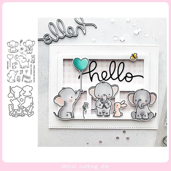 Elephant Friends Stamp and Metal Cutting Dies DIY Scrapbooking for Photo Album Decorative Silicone Clear Stamps