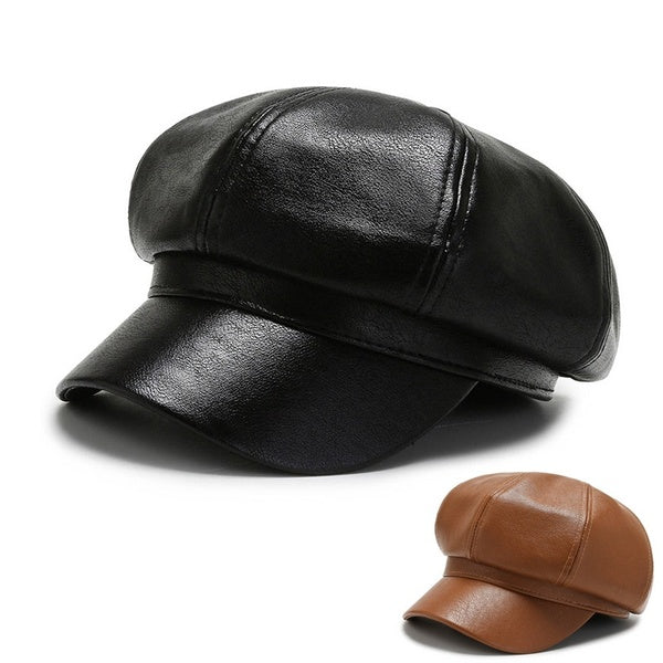 Top Level PU Leather Beret Cap Solid Autumn Winter Newsboy Gatsby Hat Casual Boinas Octagonal Caps For Women