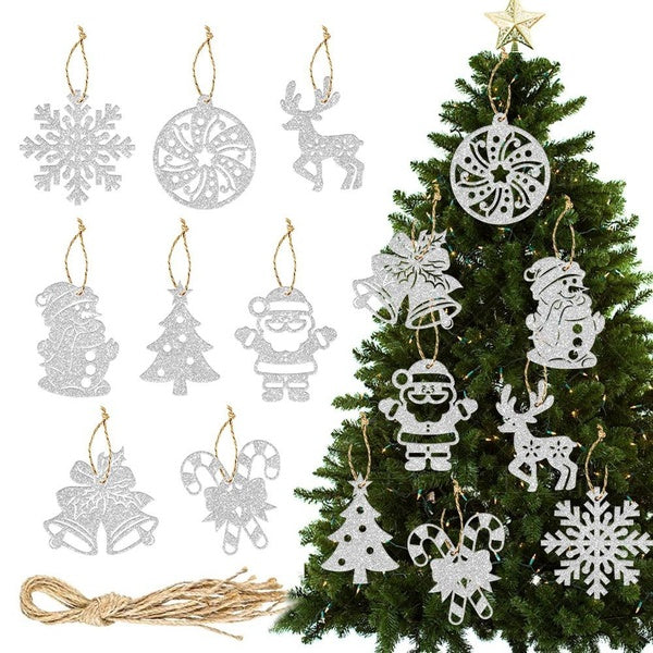 8Pcs Glitter Silver Christmas Tree Decorations Snowflake Snowman Reindeer Santa Hanging Ornaments for Xmas Home Party Supplies