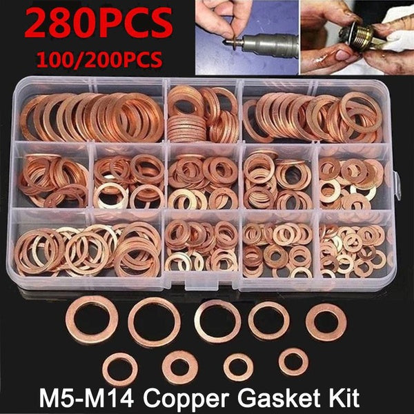 280-200-100 Pcs Copper Gasket Nut & Bolt Sets Fastener Screw Washers Sets M5-M14