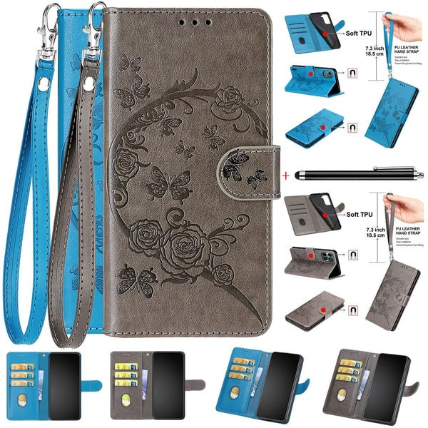 PU cuir fleur papillon Flip Folio cartes poches support avec dragonne support portefeuille de protection housse pour iPhone 15 14 13 12 11 7 7 Plus 8