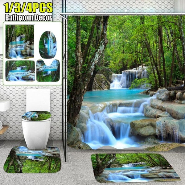 Bathroom Decor 3D Waterfall Scenery Waterproof Shower Curtain Anti-slip Bath Mats Carpets Bathroom Rugs Toilet Seat Cover Bathroom Suit(1-3-4Pcs )