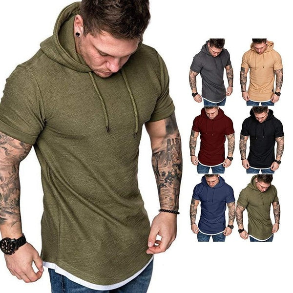 Men's Fashion Solid Color Quick Drying Mixed Hooded Fitness T-shirt Fitness Training Sports T-shirt Exercise Top Running T-shirt Hoodie Fitness Cloth