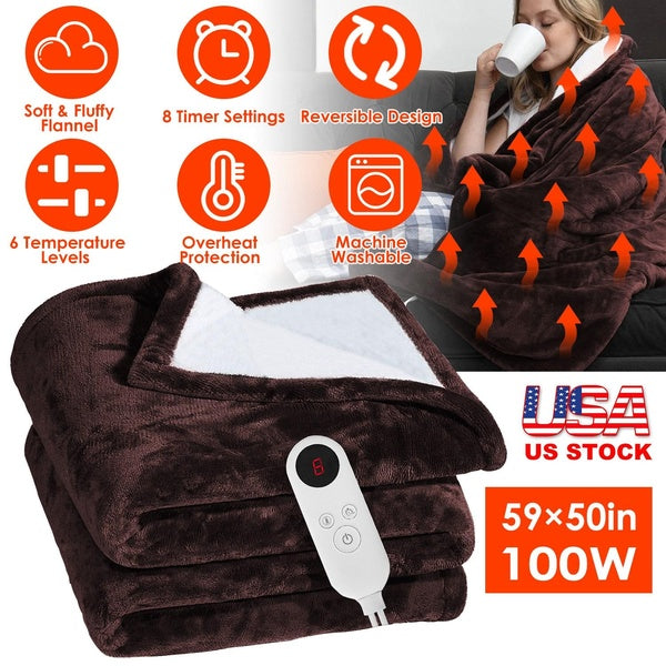 Electric Heated Flannel Throw Heated Blanket with 6 Heat Settings 1-8 Hours Auto off Washable for Home Office Usage 59x50in