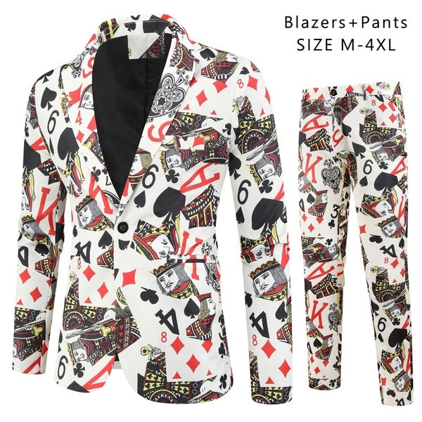 (Blazer+Pants) 2020 Fashion Men's Suit Poker Patterns Printed Casual Men Stage Clothing Vintage Mens Suits Wedding Groom Blazer Suit Set