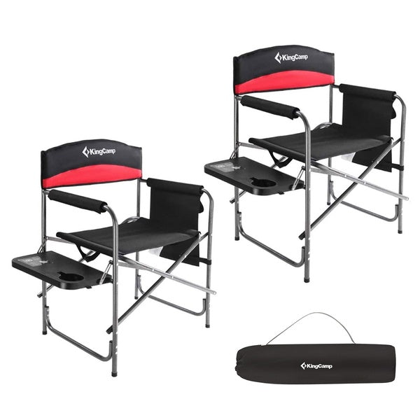 KingCamp Padded Outdoor Folding Chair with Table and Pockets, Black-Red (2 Pack)