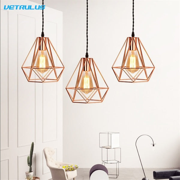 Lustre nordique industriel en or rose avec cage en métal, plafonnier câblé pour la maison, le bureau, la chambre à coucher, la salle à manger, le caf