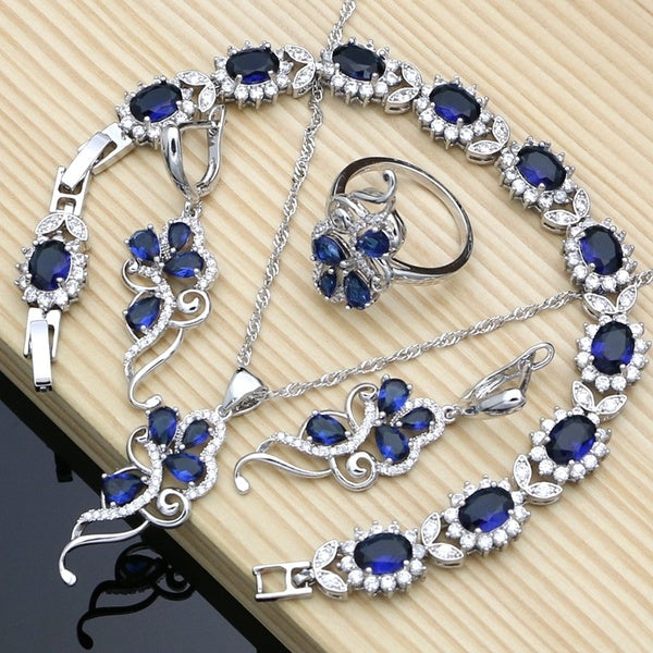 Bleu Saphir Argent 925 Ensemble de Bijoux Blanc Topaze Charme pour Femmes Pierres Feuilles Boucles D'oreilles Anneaux Bracelet Collier Ensemble