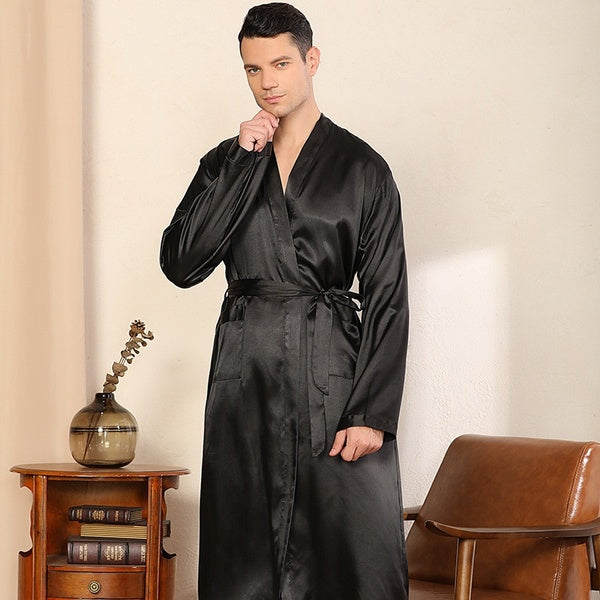 Men Fashion Silk Frenulum Pajamas Silk Kimono Sleepwear Long Bathrobe with Belt(Size XS-5XL)