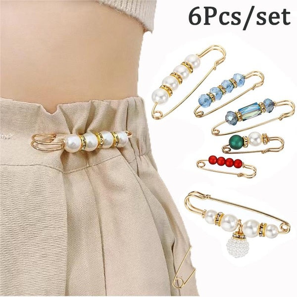 6PCS-Set Waistband Pin Accessories Good Quality Pearls Crystal Gold Brooch Waist Tighting Anti Exposed Safty Pins Matron Inn