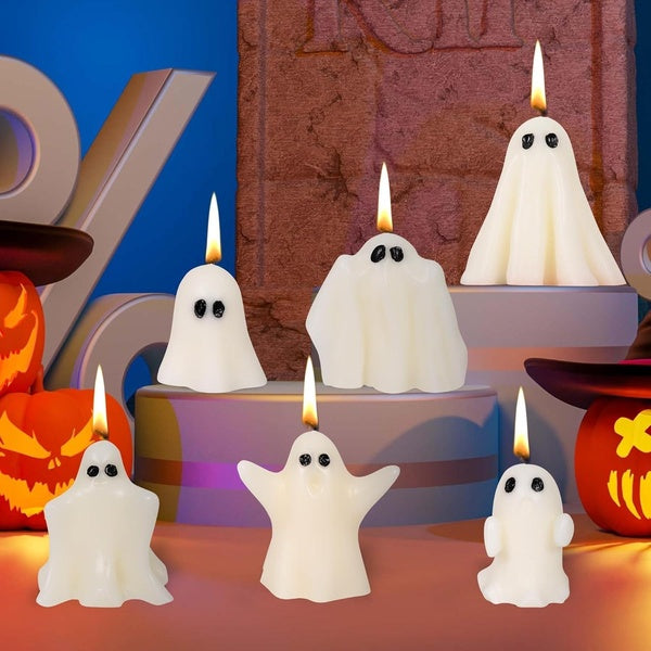 6 Pcs Ghost Candles, Cute Halloween Ghost Shaped Scented Candle Spooky Decoration White Soy Wax for Halloween Table Party Favor, Indoor Decor Gifts