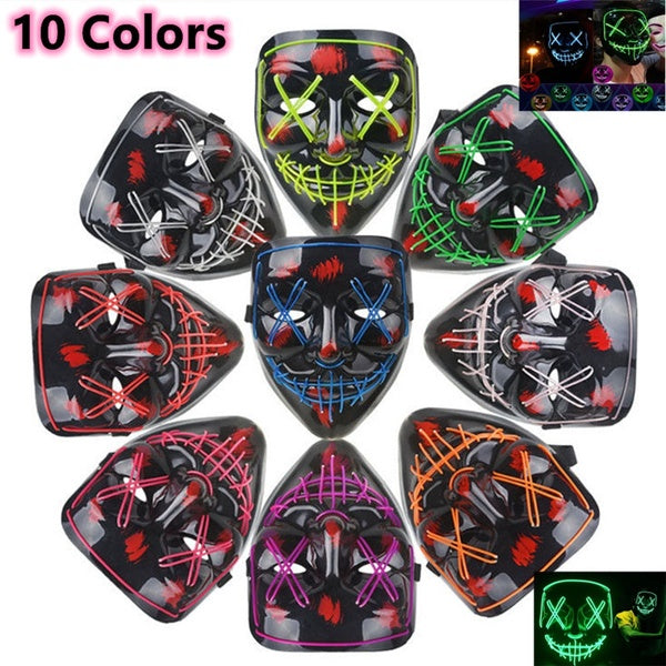 10 Couleurs Décoration d'Halloween Glowing Led V Word Mask Party Masque Mascarade Neon Light Glow In The Dark Horror Bar Clowns Easter LED Light Mask