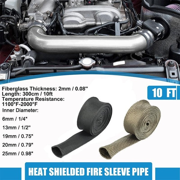 300cm -10ft Heat Shielded Fire Sleeve Coated Fiberglass Tape for Automotive Hose Lines Wires Electrical Wiring Black 6-13-19-20-25mm ID