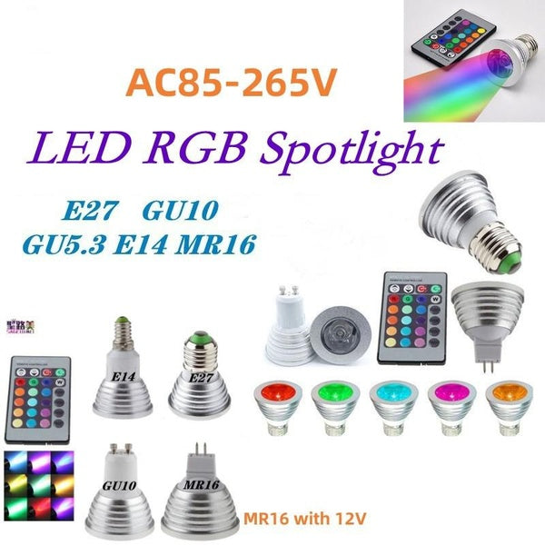 AC85-265V 12V MR16 E27 E14 GU10 GU5.3 RGB Projecteur 3W Dimmable E27 Ampoules Led avec 24keys Tubes de lumière à distance pour la décoration de la ma