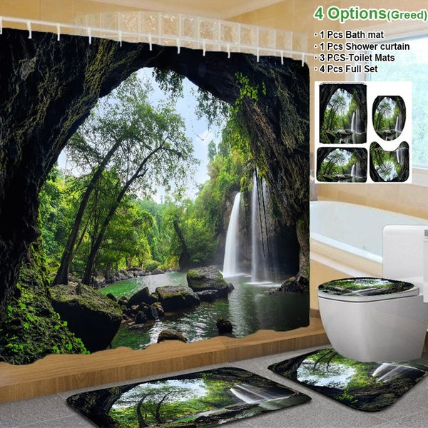 1-3-4 PCS 3D Natural Scenery Landscape Waterfall Bathroom Waterproof Shower Curtain Set Waterproof Mildew-proof Shower Curtain + Non-slip Bath Mat +
