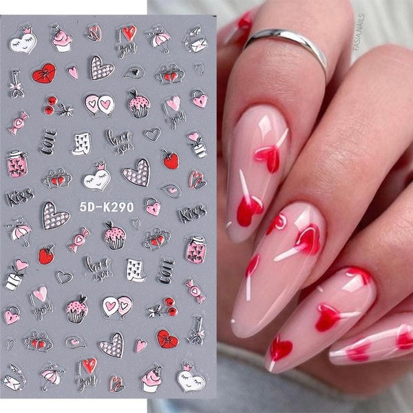 5D Embossed Nail Stickers Cartoon Lover Valentines Day Nail Decals Chocolate Hearts Relief Sliders Bears For Manicure