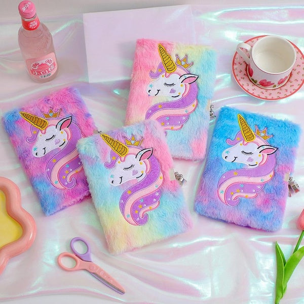 Cartoon Cute Plush Unicorn Notebook Plush Hand Book Diary Book With Lock For Kids Student School Office Stationery Girls Gift