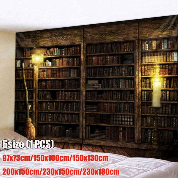 Retro Bookshelf Candle Print Fabric Tapestry Decor Wall Art Tablecloths Bedspread Picnic Blanket Beach Throw Tapestries Bedroom Hall Dorm Living Room