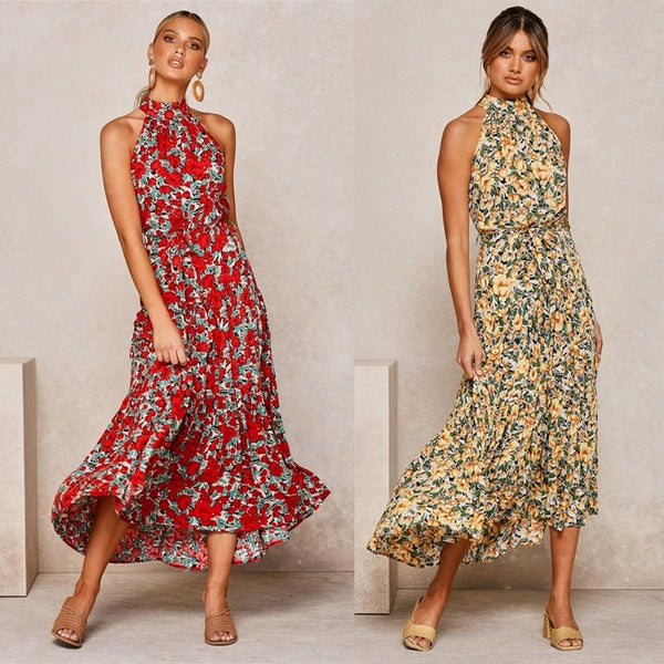 Women's Fashion Flowers Printed Casual Long Dress Sleeveless Off Sthe Shoulder Elegant Bohemian Party Dress Robes