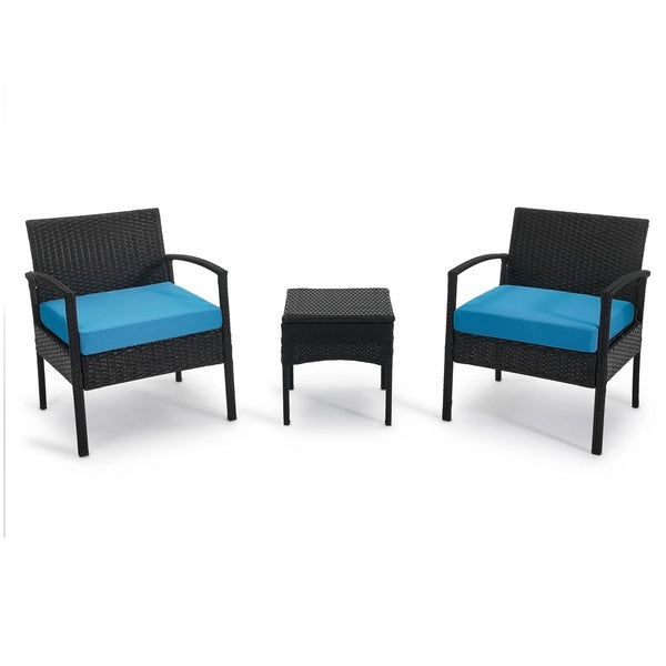 JYED DECOR 3pc Wicker Outdoor Patio Bistro Conversation Furniture Set, Blue