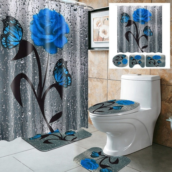 1-3-4 Pcs Bathroom Set Blue Rose Shower Curtain Waterproof Shower Curtain Non Slip Bathroom Pedestal Rug Lid Toilet Cover Floor Mat Bath Mat