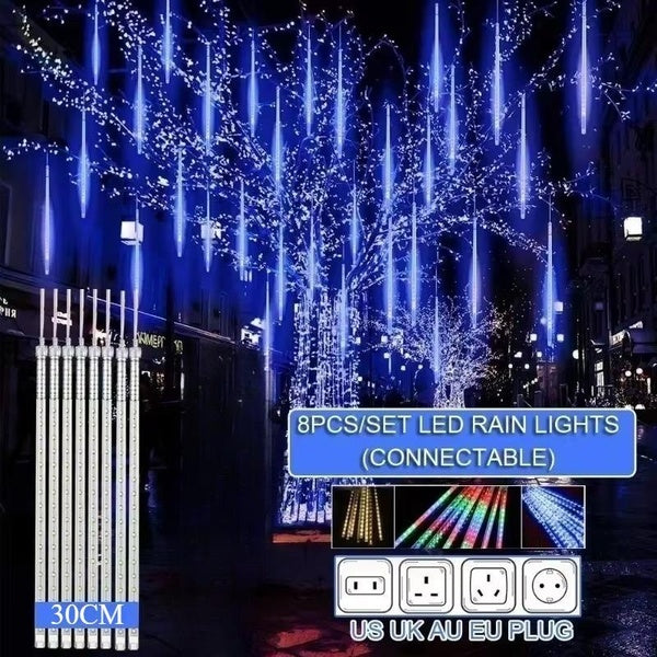 Guirlande lumineuse à 8 tubes LED avec pluie de météores, étanche, 30 cm, pour extérieur, vacances, décoration de Noël, arbre, prise UE-US-AU-UK