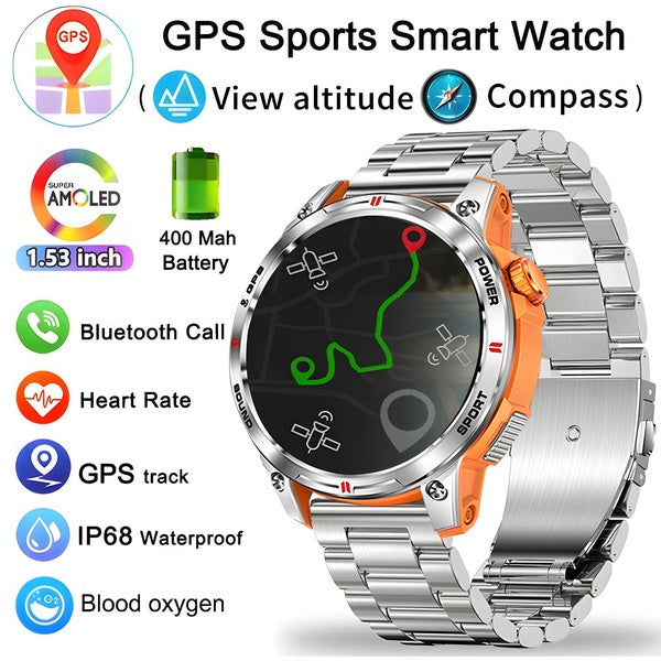 Nouvelle montre intelligente GPS pour hommes, sports de plein air, étanche, fitness, fréquence cardiaque, pression artérielle, boussole, appel BT, mo