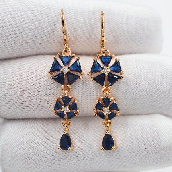 Boucles d'oreilles pendantes longues en zircon cubique bleu CZ pour femme