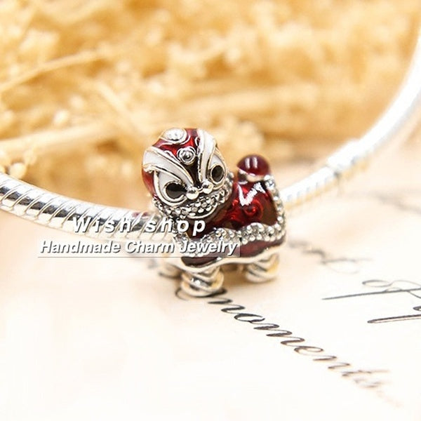 925 argent Sterling émail rouge chine danse Lion charme perles ajustement bracelets pour la fabrication de bijoux