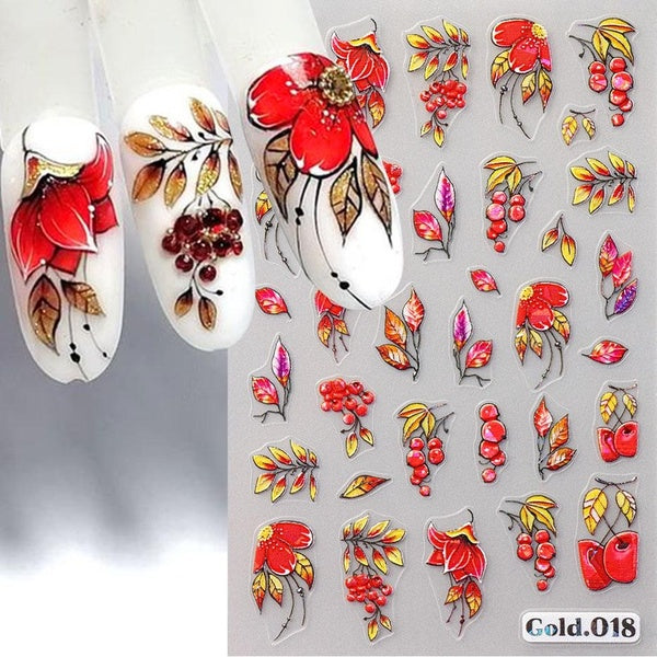 5D Embossed Fall Leaves Nail Stickers Laser Maple Bird Squirrel Decals Autumn Fruits Flower Engraved Charm Slider Manicure Decor