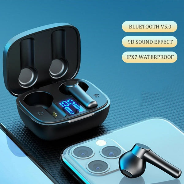 Écouteurs sans fil Bluetooth V5.0 Casques sans fil avec microphone Casques étanches de sport avec étui Chagring Power Bank pour iOS Android