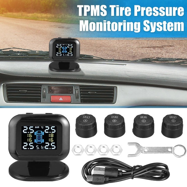 Tire Gauge Pressure Temperature Alarm Monitoring System Solar Power Wireless LCD Display with 4 External Sensors