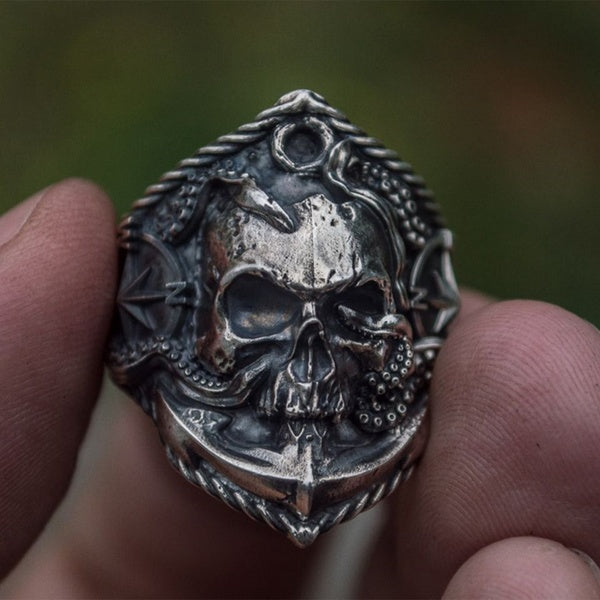 Men's Vintage 316L Stainless Steel Anchor Rings Buccaneer Compass Octopus Tentacle Skull Ring Punk Biker Jewelry