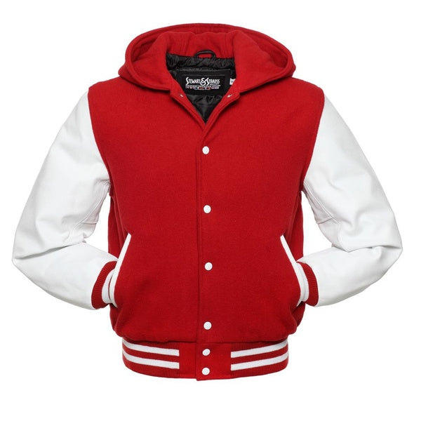 Red & White Hoodie Varsity Wool & Leather Jacket Letterman University Hoodie Jacket With White Rib