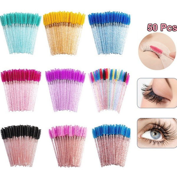 50 Pcs Disposable Eyelash Makeup Brush Diamond Handle Mascara Wands Eyelash Extension Tool []